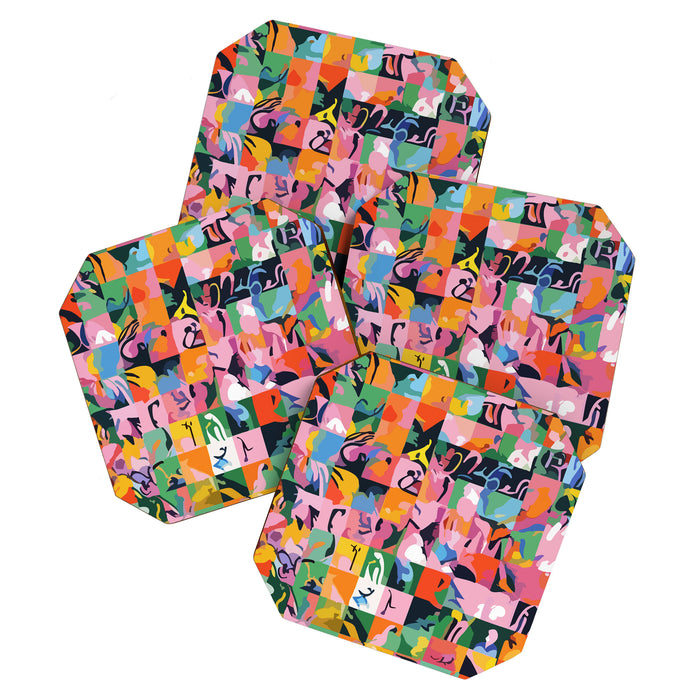 Life On a Checkboard, Abstract Maximalism Eclectic Painting, Bohemian Pop of Color Illustration  Coaster Gallery Image 1