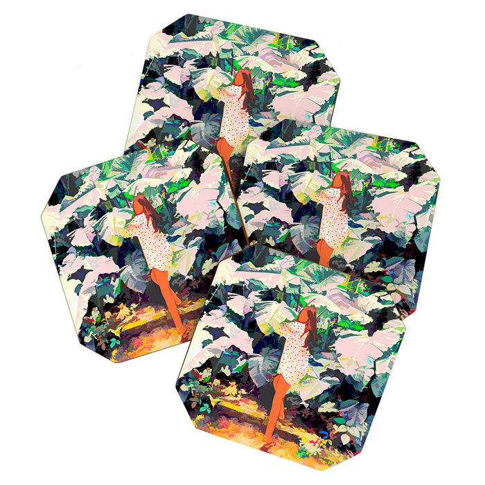 Live Quietly In a Corner Of Nature, Modern Bohemian Woman Jungle Forest Eclectic Painting Coaster Gallery Image 1