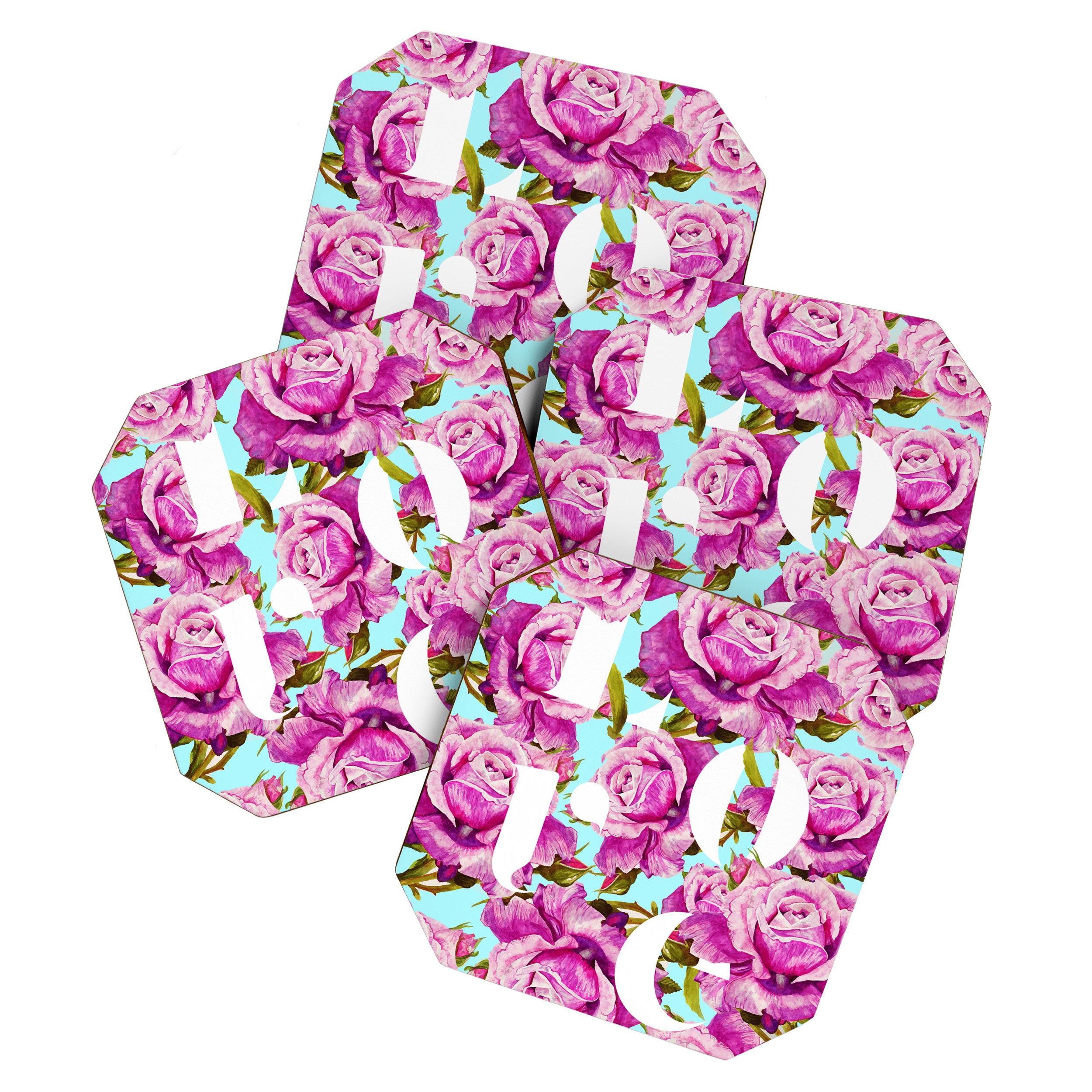 Love, Floral Typography Valentine's Graphic Design, Eclectic Modern Boho Botanical Rose Illustration Coaster Gallery Image 1