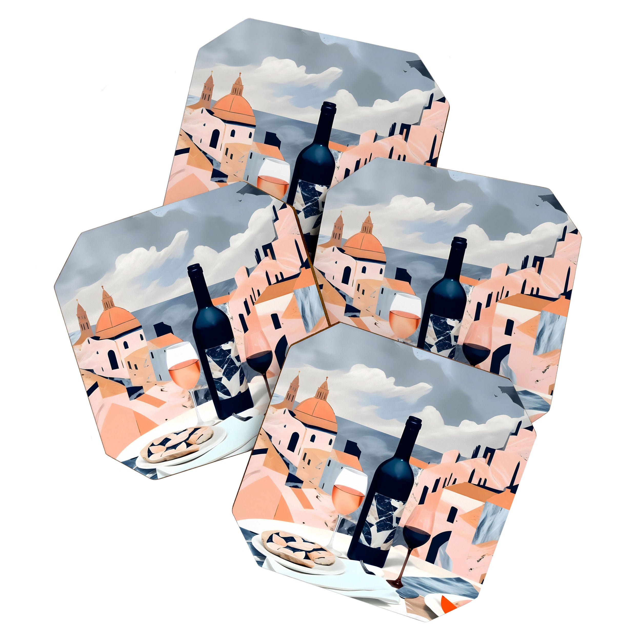 Lunch in Italy, Travel Italian Marble Abstract, Landscape Blush Indigo Texture, Wine Cheese Boho Food Table, Architecture Buildings Graphic Eclectic Painting Coaster Gallery Image 1