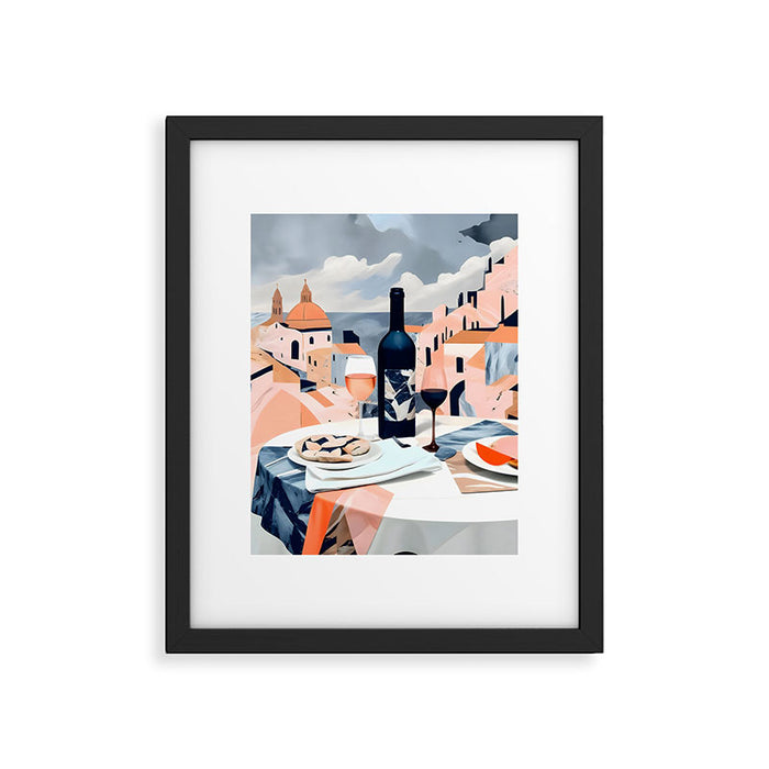 Lunch in Italy, Travel Italian Marble Abstract, Landscape Blush Indigo Texture, Wine Cheese Boho Food Table, Architecture Buildings Graphic Eclectic Painting Framed Art Print Gallery Image 1