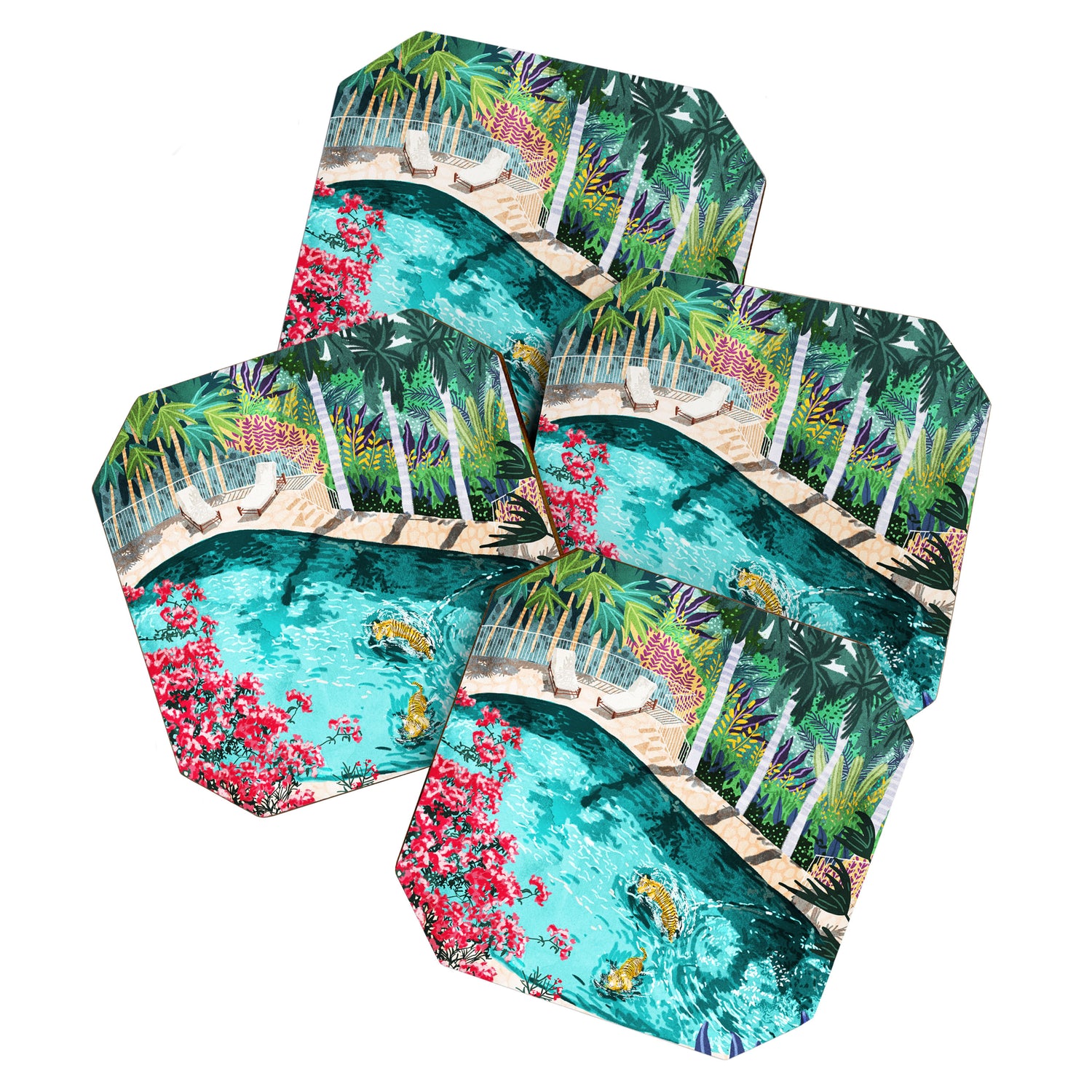 Luxury Tiger Villa illustration, Architecture Travel Nature Painting, Hotel Landscape Garden Coaster Gallery Image 1
