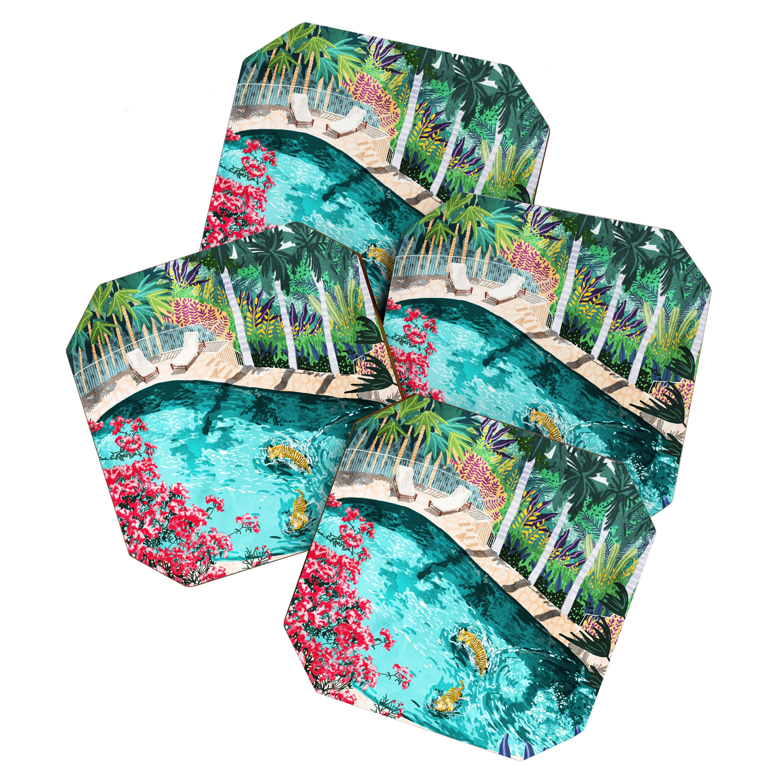 Luxury Tiger Villa illustration, Architecture Travel Nature Painting, Hotel Landscape Garden Coaster Gallery Image 1