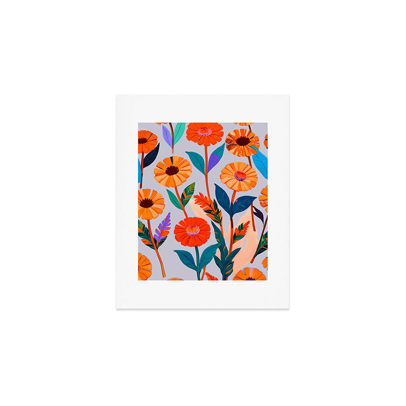 Marigold Celebration, Floral Nature, Botanical Flowers, Blossom Garden Bloom Summer India, Festival Celebrate Plants Leaves, Bohemian Illustration Painting Art Print Gallery Image 1