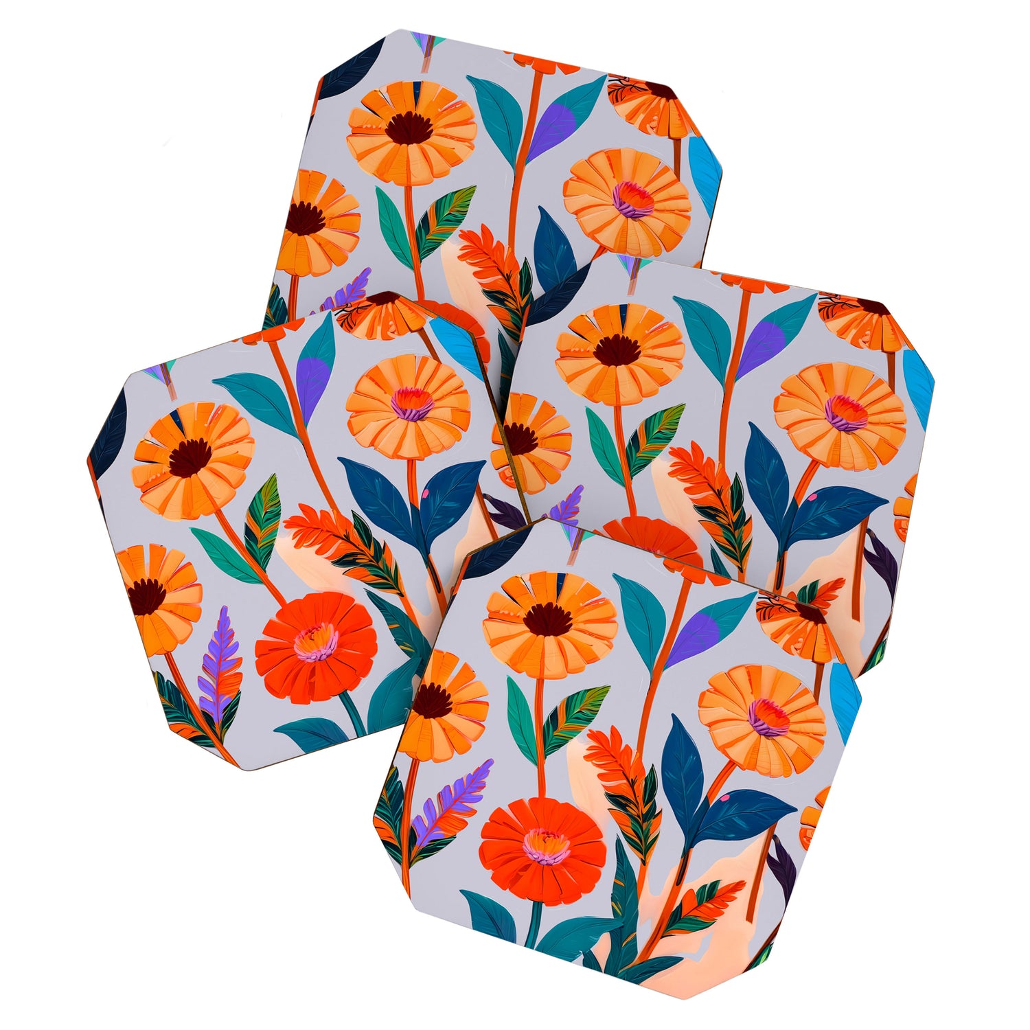 Marigold Celebration, Floral Nature, Botanical Flowers, Blossom Garden Bloom Summer India, Festival Celebrate Plants Leaves, Bohemian Illustration Painting Coaster Gallery Image 1