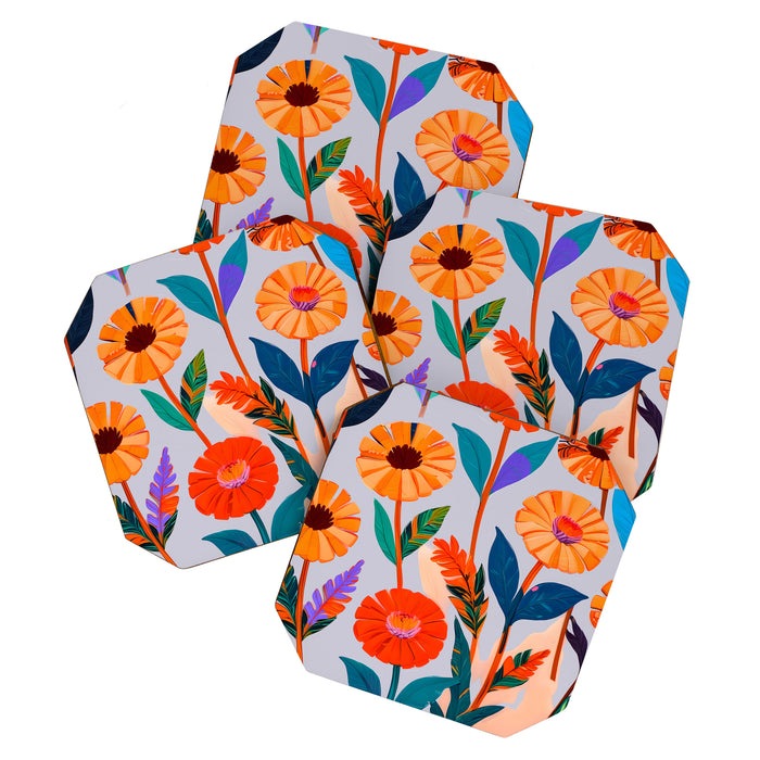 Marigold Celebration, Floral Nature, Botanical Flowers, Blossom Garden Bloom Summer India, Festival Celebrate Plants Leaves, Bohemian Illustration Painting Coaster Gallery Image 1