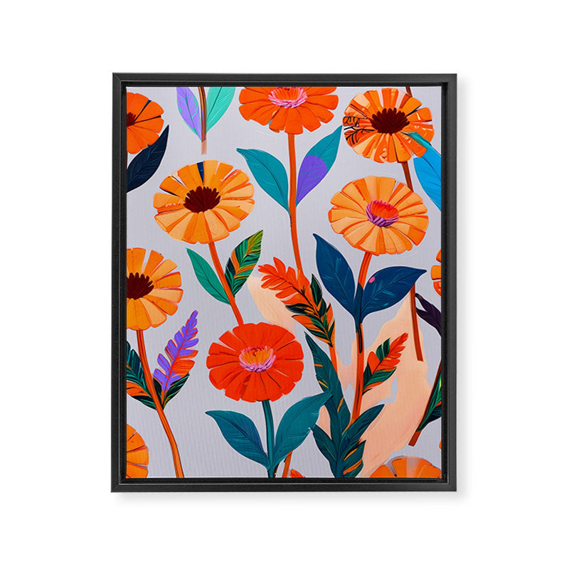 Marigold Celebration, Floral Nature, Botanical Flowers, Blossom Garden Bloom Summer India, Festival Celebrate Plants Leaves, Bohemian Illustration Painting Framed Canvas Print Gallery Image 6