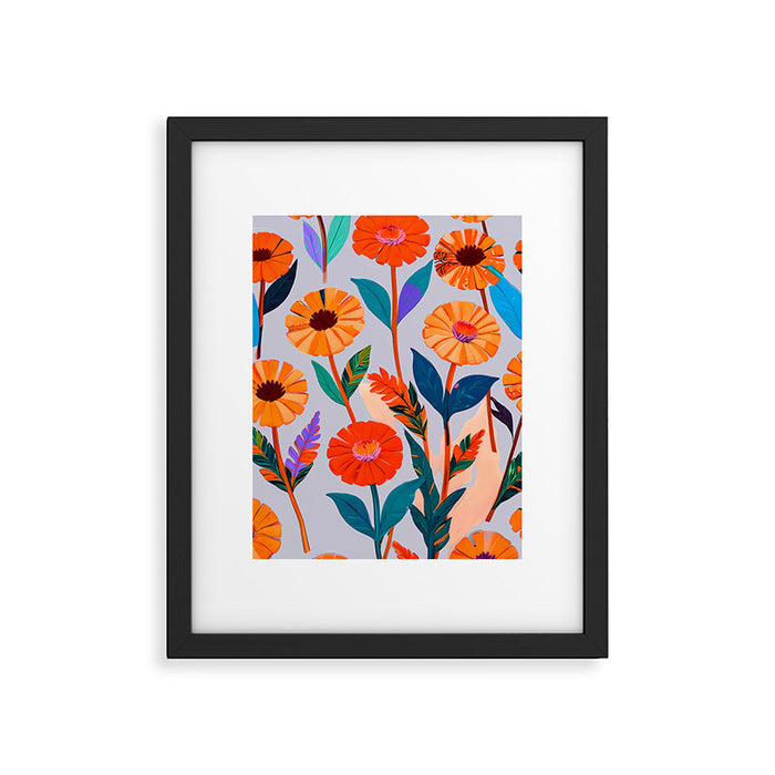 Marigold Celebration, Floral Nature, Botanical Flowers, Blossom Garden Bloom Summer India, Festival Celebrate Plants Leaves, Bohemian Illustration Painting Framed Art Print Gallery Image 1