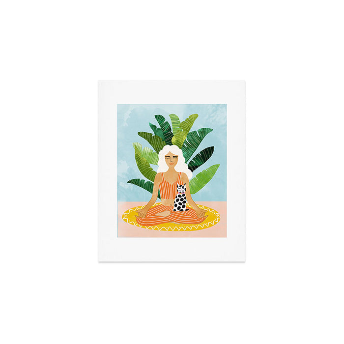 Meditation With Thy Cat Poster | Blonde Woman of Color | Tropical Banana Leaves Quirky Pet Workout  Art Print Gallery Image 1