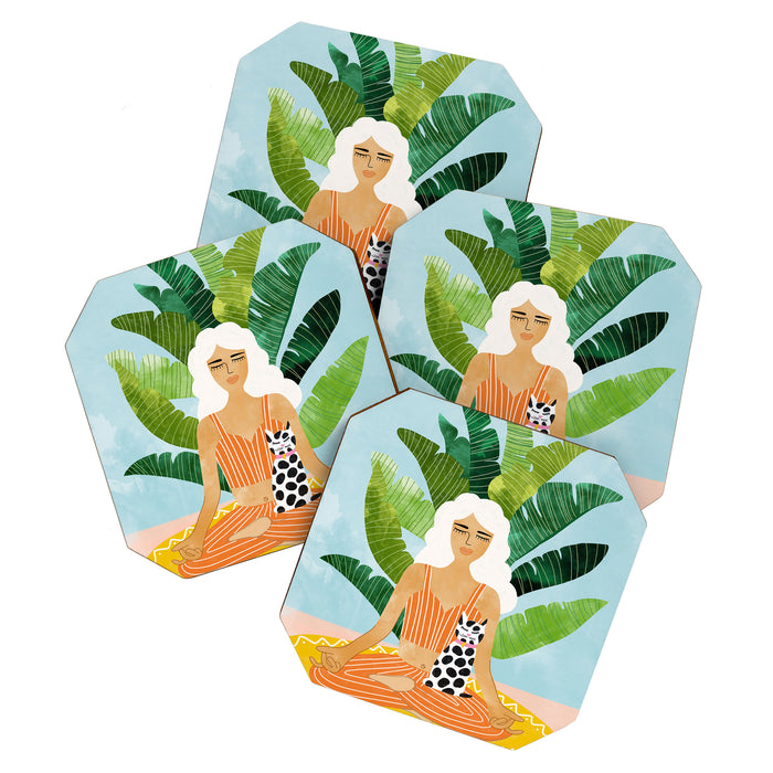 Meditation With Thy Cat Poster | Blonde Woman of Color | Tropical Banana Leaves Quirky Pet Workout  Coaster Gallery Image 1