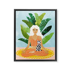 Meditation With Thy Cat Poster | Blonde Woman of Color | Tropical Banana Leaves Quirky Pet Workout  Framed Canvas Print Gallery Image 6