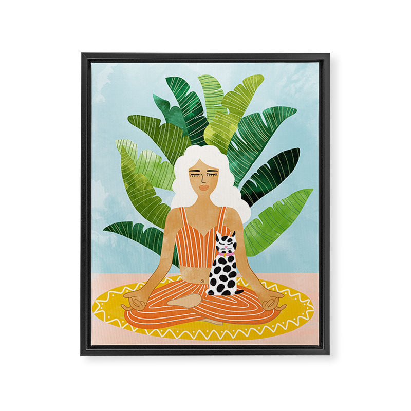 Meditation With Thy Cat Poster | Blonde Woman of Color | Tropical Banana Leaves Quirky Pet Workout  Framed Canvas Print Gallery Image 6