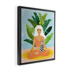 Meditation With Thy Cat Poster | Blonde Woman of Color | Tropical Banana Leaves Quirky Pet Workout  Framed Canvas Print Gallery Image 2