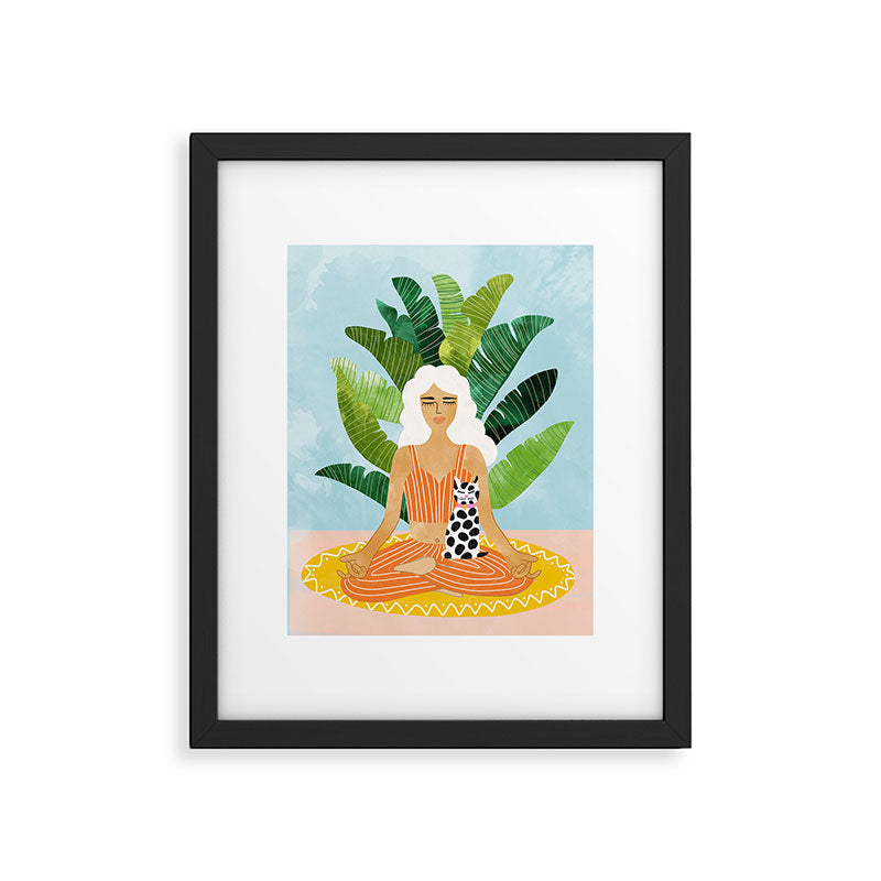 Meditation With Thy Cat Poster | Blonde Woman of Color | Tropical Banana Leaves Quirky Pet Workout  Framed Art Print Gallery Image 5