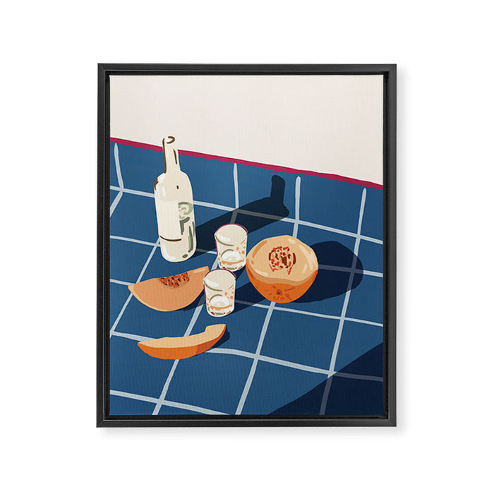 Melon Vodka Shots, Weekend Alcohol Party Fruits Beverages, Papaya Chill Pastel Eclectic Afternoon, Slow Living Honeydew Indigo Tiles Bohemian Painting Framed Canvas Print Gallery Image 1