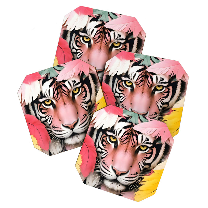 Miss Me? Tiger Portrait, Jungle Pose Tropical Nature Wildlife, Animals Wild Forest Eyes, Close-up Leopard Panther Cheetah Cats Pink Mixed Media Coaster Gallery Image 1