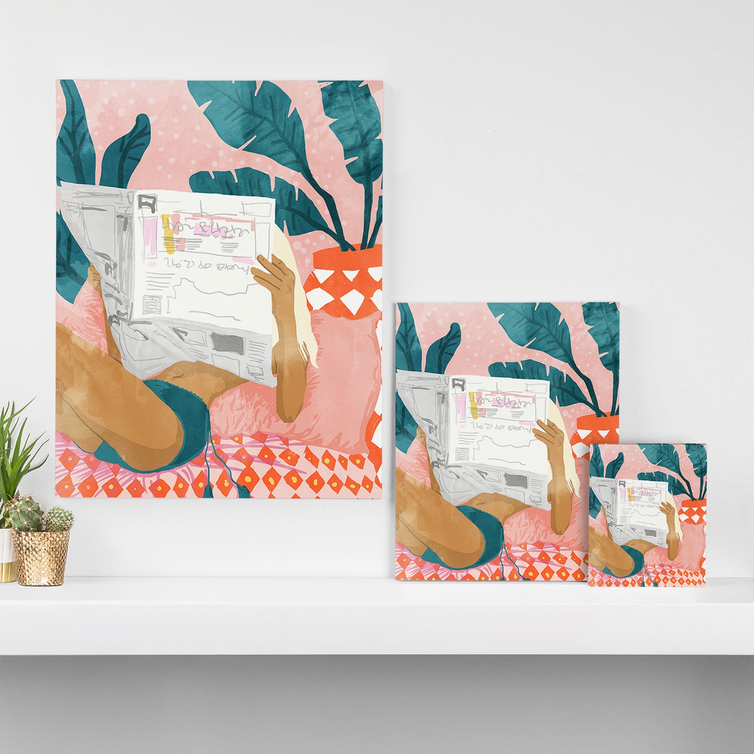 Modern Bohemian Morning Newspaper | Tropical Banana Leaves Palm Watercolor | Boho Woman & Decor Canvas Print Gallery Image 3