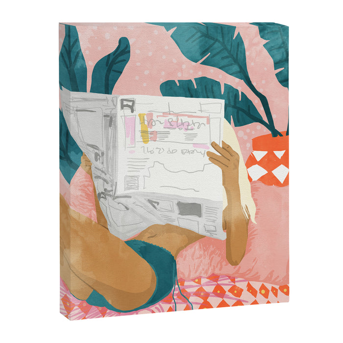 Modern Bohemian Morning Newspaper | Tropical Banana Leaves Palm Watercolor | Boho Woman & Decor Canvas Print Gallery Image 1
