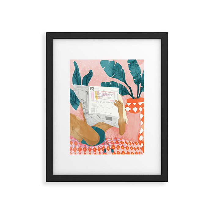 Modern Bohemian Morning Newspaper | Tropical Banana Leaves Palm Watercolor | Boho Woman & Decor Framed Art Print Gallery Image 1