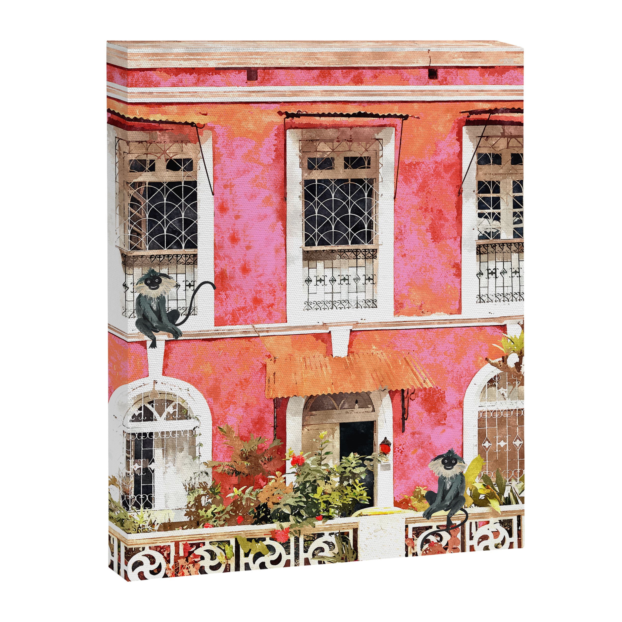 Monkey Business | Watercolor Tropical Goa Architecture Painting | Travel Pastel Pink Blush Building Canvas Print Gallery Image 6