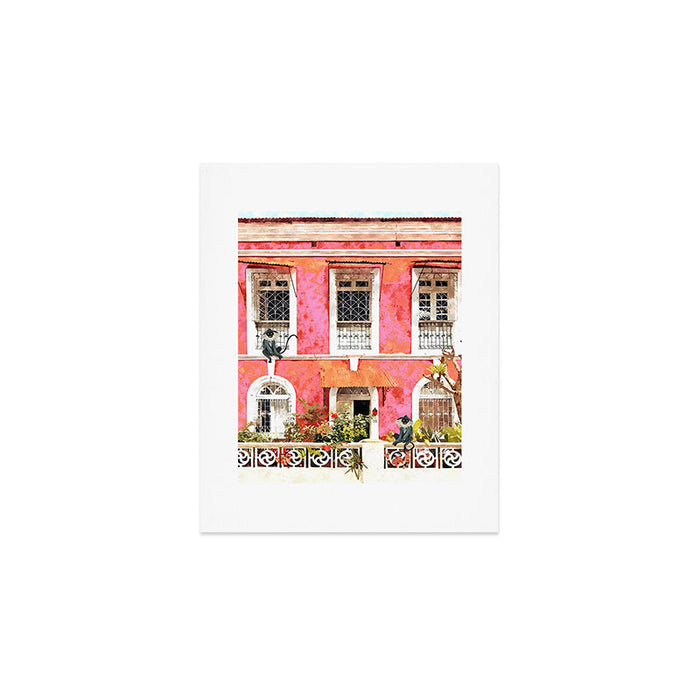 Monkey Business | Watercolor Tropical Goa Architecture Painting | Travel Pastel Pink Blush Building Art Print Gallery Image 1