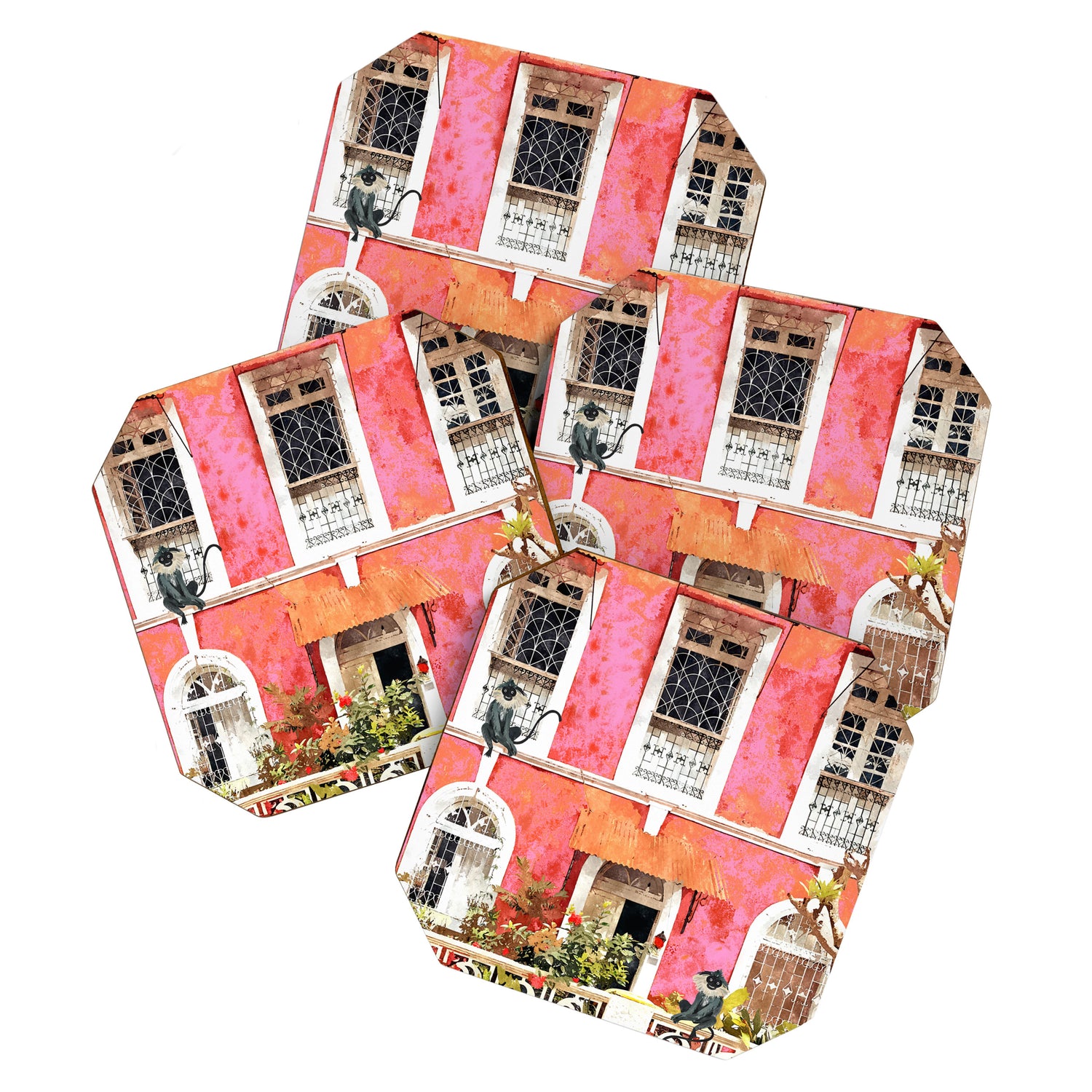 Monkey Business | Watercolor Tropical Goa Architecture Painting | Travel Pastel Pink Blush Building Coaster Gallery Image 1