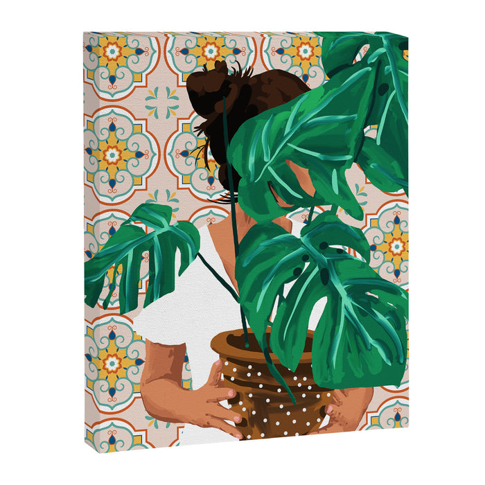 Monstera Plant Lady | Modern Bohemian Morocco Decor | Tropical Botanical Tiles Canvas Print Gallery Image 1