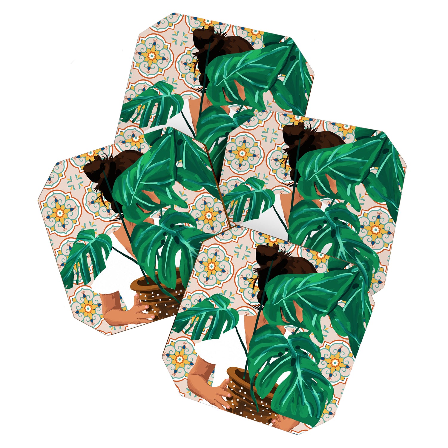 Monstera Plant Lady | Modern Bohemian Morocco Decor | Tropical Botanical Tiles Coaster Gallery Image 1