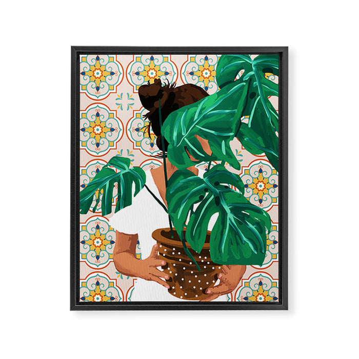 Monstera Plant Lady | Modern Bohemian Morocco Decor | Tropical Botanical Tiles Framed Canvas Print Gallery Image 1