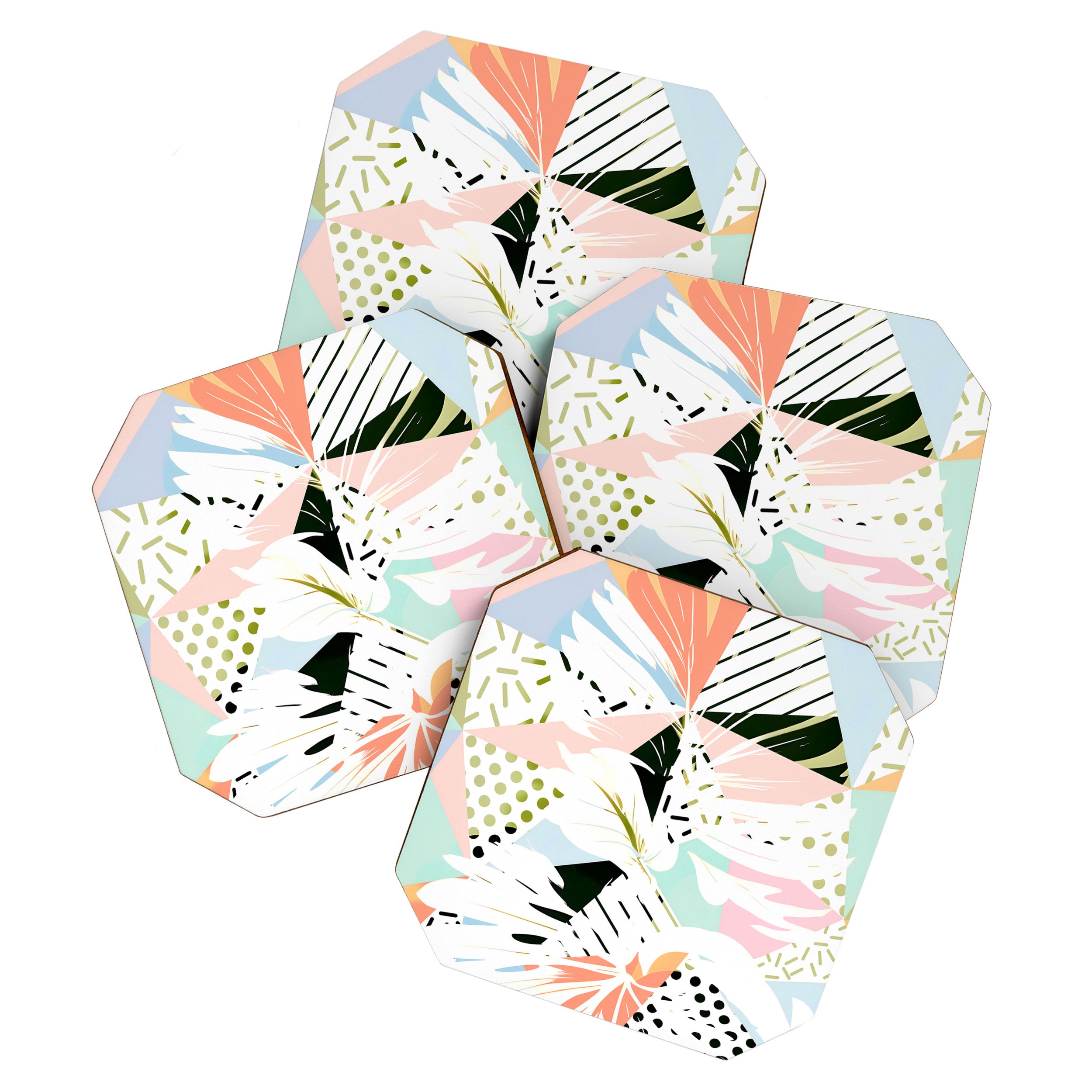 Monsterabstract, Abstract Tropical Nature Pastel Collage, Graphic Design Botanical Garden, Monstera Exotic Plants Geometric Shapes, Eclectic Bohemian Contemporary Color Story  Coaster Gallery Image 1