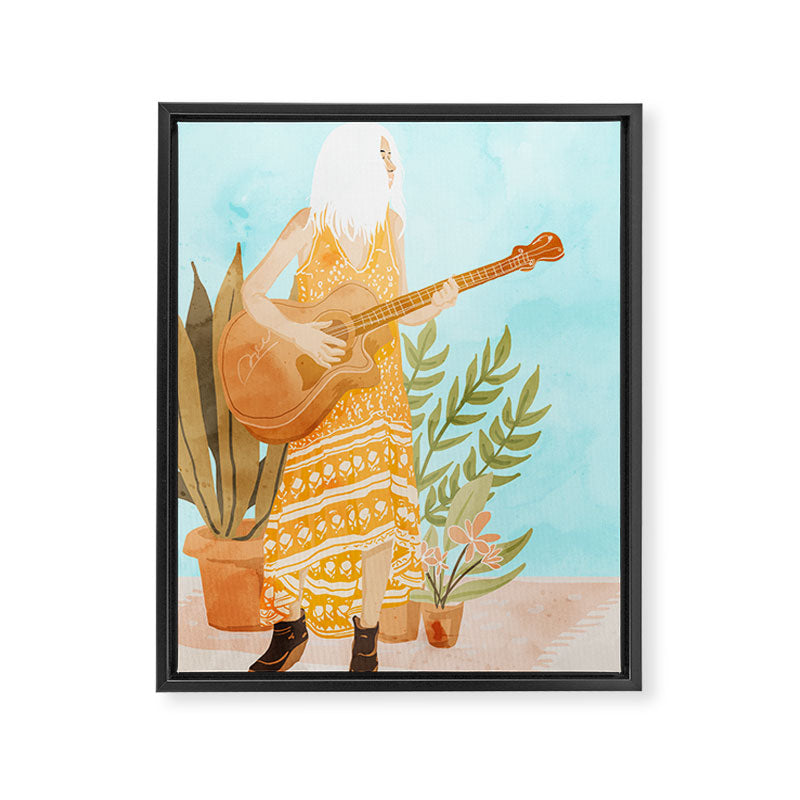 Music Soothes My Soul | Urban Hippie Bohemian Woman Playing the Guitar | Plant Lady Painting Framed Canvas Print Gallery Image 6