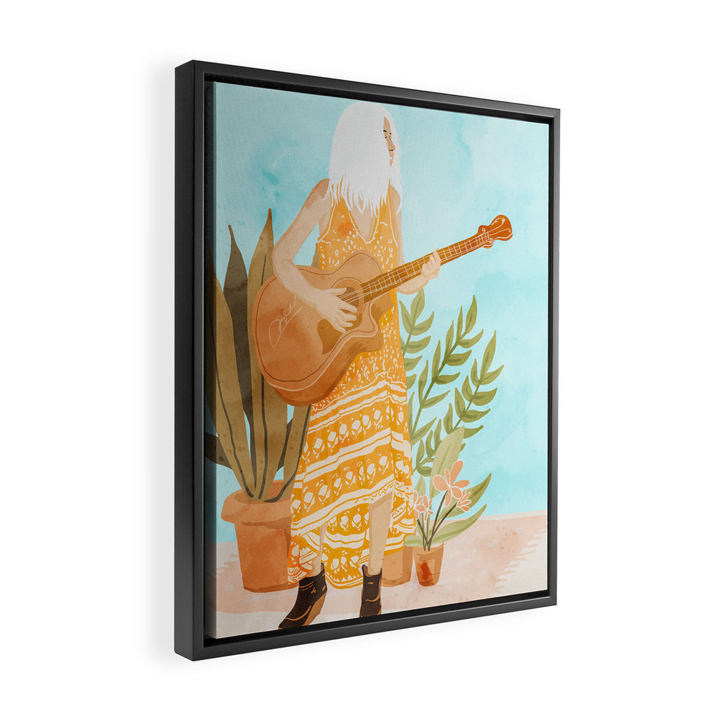Music Soothes My Soul | Urban Hippie Bohemian Woman Playing the Guitar | Plant Lady Painting Framed Canvas Print Gallery Image 2