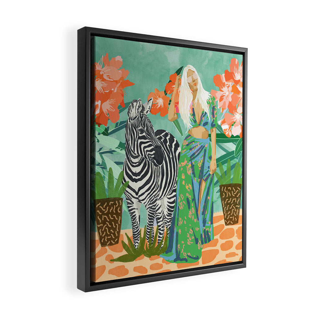 Never Change Your Stripes Illustration, Modern Bohemian Zebra Painting Wildlife Woman Framed Canvas Print Gallery Image 2