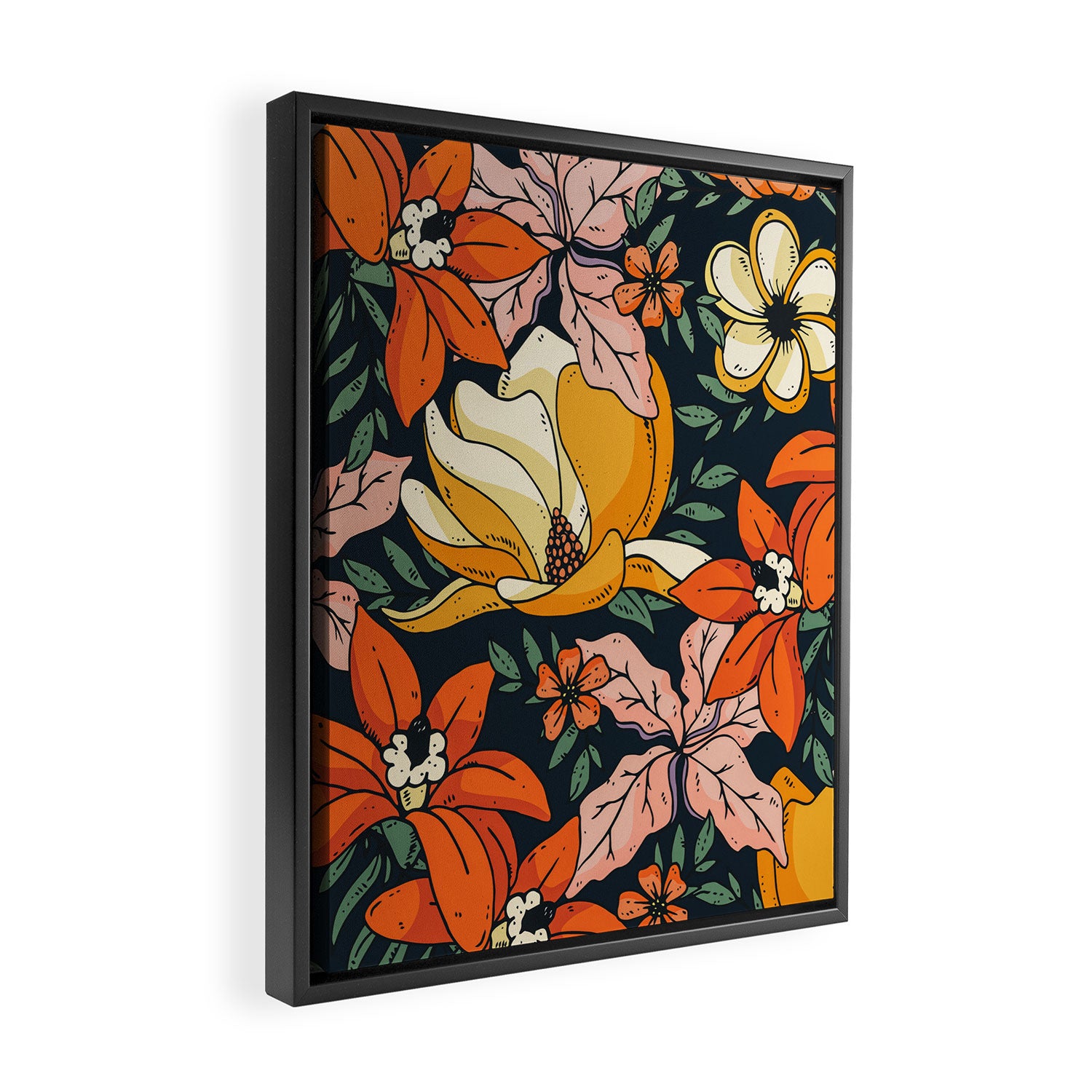 Night Forest, Colorful Dark Eclectic Floral Nature Botanical Jungle Floral Bohemian Illustration Framed Canvas Print Gallery Image 2