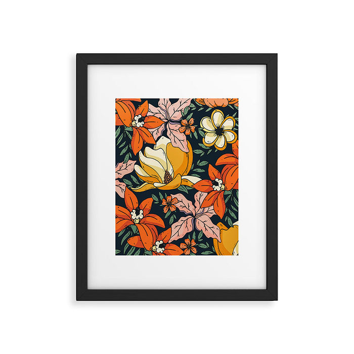 Night Forest, Colorful Dark Eclectic Floral Nature Botanical Jungle Floral Bohemian Illustration Framed Art Print Gallery Image 1