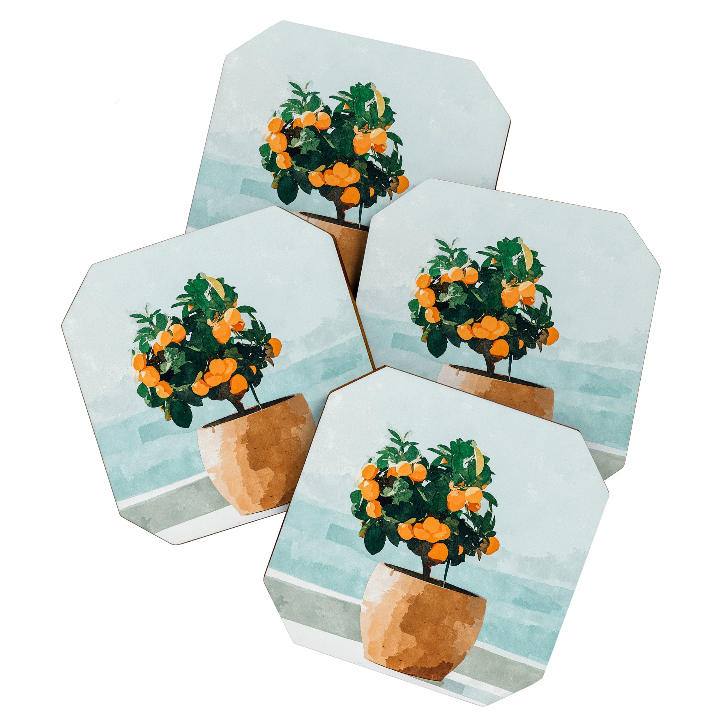 Orange Tree, Plant Pot Nature Botanical Bonsi Illustration, Modern Simple Bohemian Painting Coaster Gallery Image 1