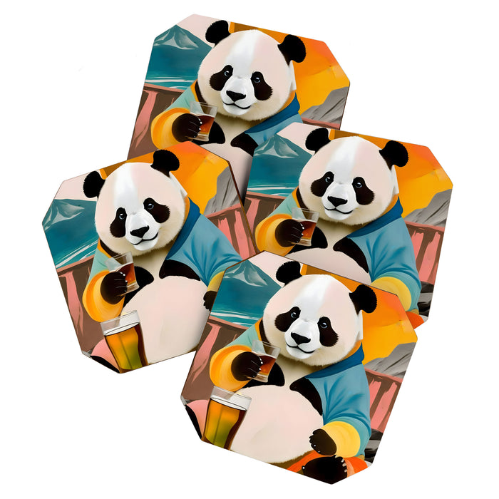 Panda Beer Buzz Series 01, Bar Drinking Weekend Wildlife, Animals Maximalist Quirky Funny Whimsical, Pet Bear Colorful Cute Eclectic Illustration  Coaster Gallery Image 1