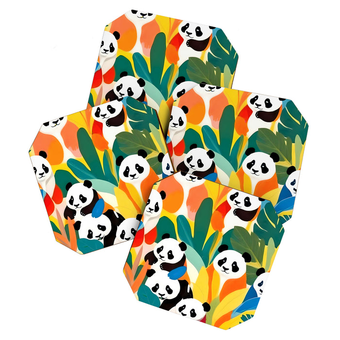 Pandas & Tropical, Nature Botanical Jungle Boho, Plants Wildlife Cute Animals, Funny Eclectic Summer Contemporary Painting Illustration  Coaster Gallery Image 1