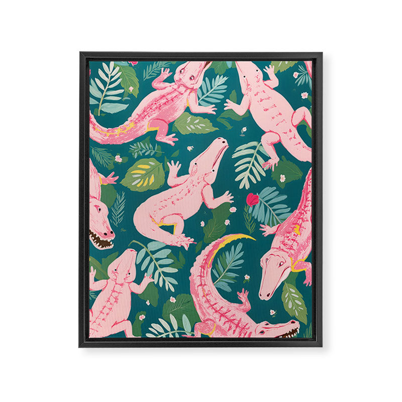 Party Gators (Warning - Pink Crocodiles Swim Here!) Framed Canvas Print Gallery Image 6