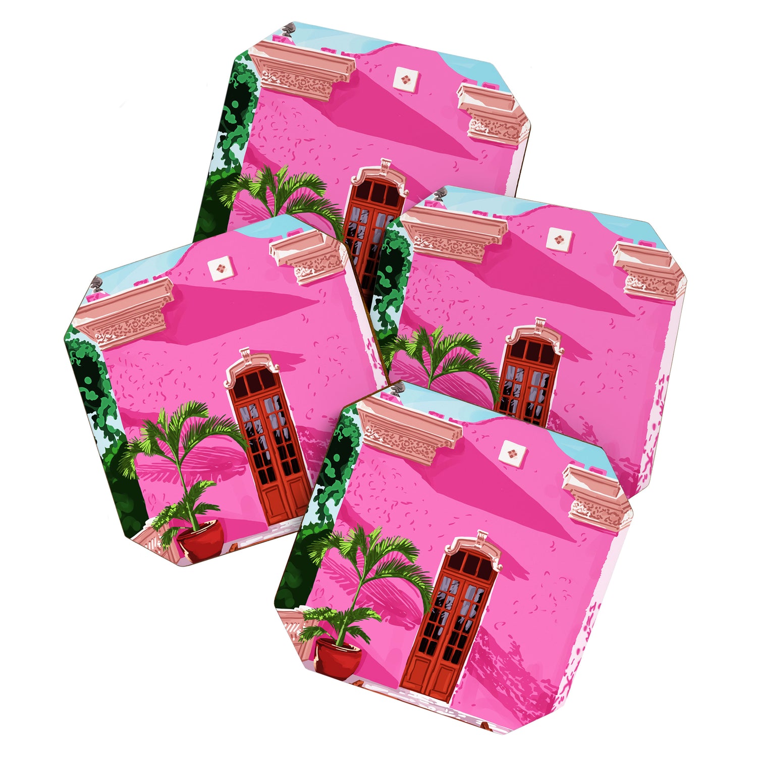 Pink Building Architecture | Pop Art Travel House Painting | Modern Bohemian Décor Spain Palace Coaster Gallery Image 1