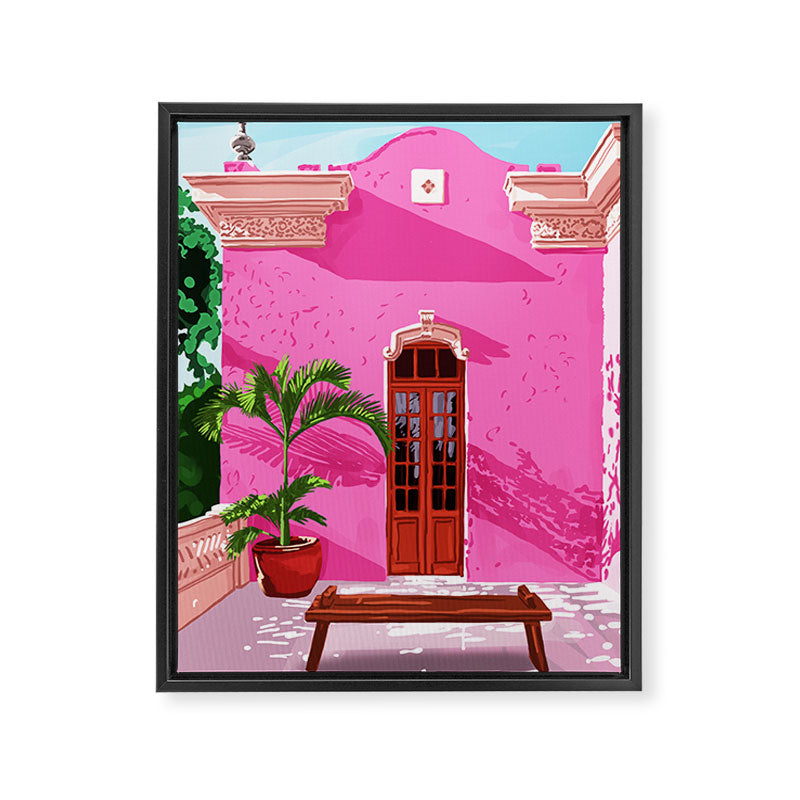 Pink Building Architecture | Pop Art Travel House Painting | Modern Bohemian Décor Spain Palace Framed Canvas Print Gallery Image 6