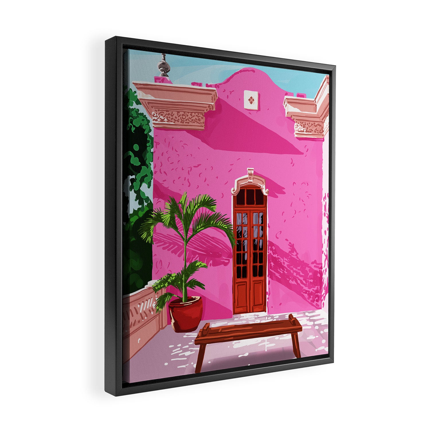 Pink Building Architecture | Pop Art Travel House Painting | Modern Bohemian Décor Spain Palace Framed Canvas Print Gallery Image 2