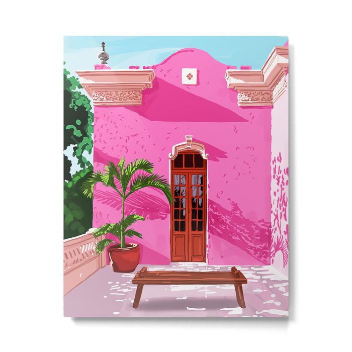 Pink Building Architecture | Pop Art Travel House Painting | Modern Bohemian Décor Spain Palace Metal Print Gallery Image 1