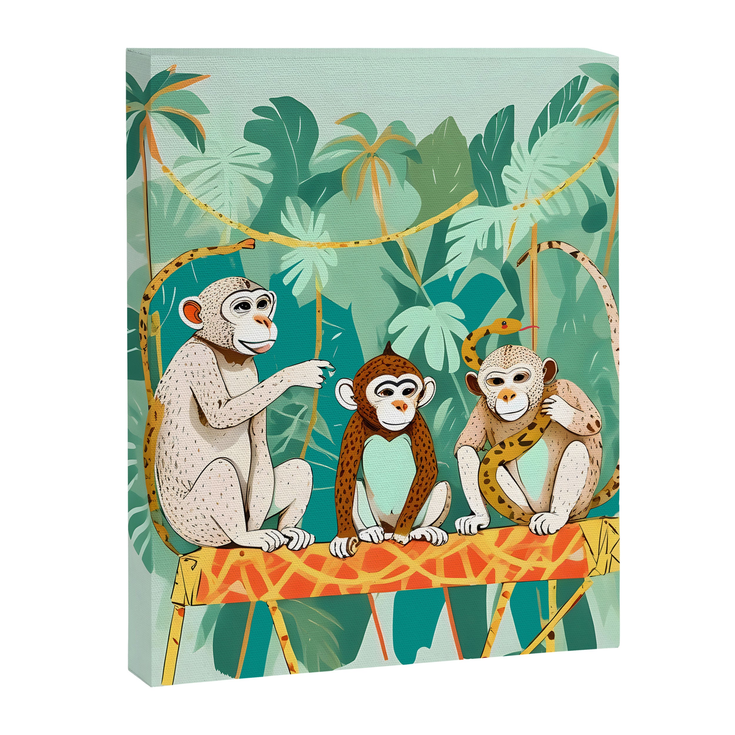 Play Date, Monkeys Jungle Playing Animals, Mischievous Wildlife Forest Tropical Nature, Funny Cute Snake Adventure, Bohemian Quirky Illustration Painting Canvas Print Gallery Image 6