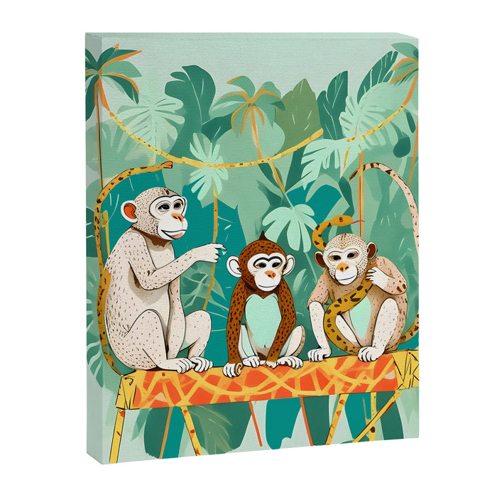 Play Date, Monkeys Jungle Playing Animals, Mischievous Wildlife Forest Tropical Nature, Funny Cute Snake Adventure, Bohemian Quirky Illustration Painting Canvas Print Gallery Image 1