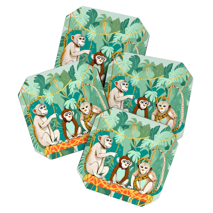Play Date, Monkeys Jungle Playing Animals, Mischievous Wildlife Forest Tropical Nature, Funny Cute Snake Adventure, Bohemian Quirky Illustration Painting Coaster Gallery Image 1