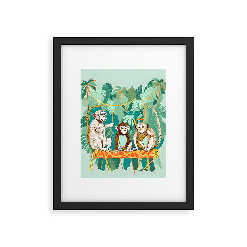 Play Date, Monkeys Jungle Playing Animals, Mischievous Wildlife Forest Tropical Nature, Funny Cute Snake Adventure, Bohemian Quirky Illustration Painting Framed Art Print Gallery Image 5