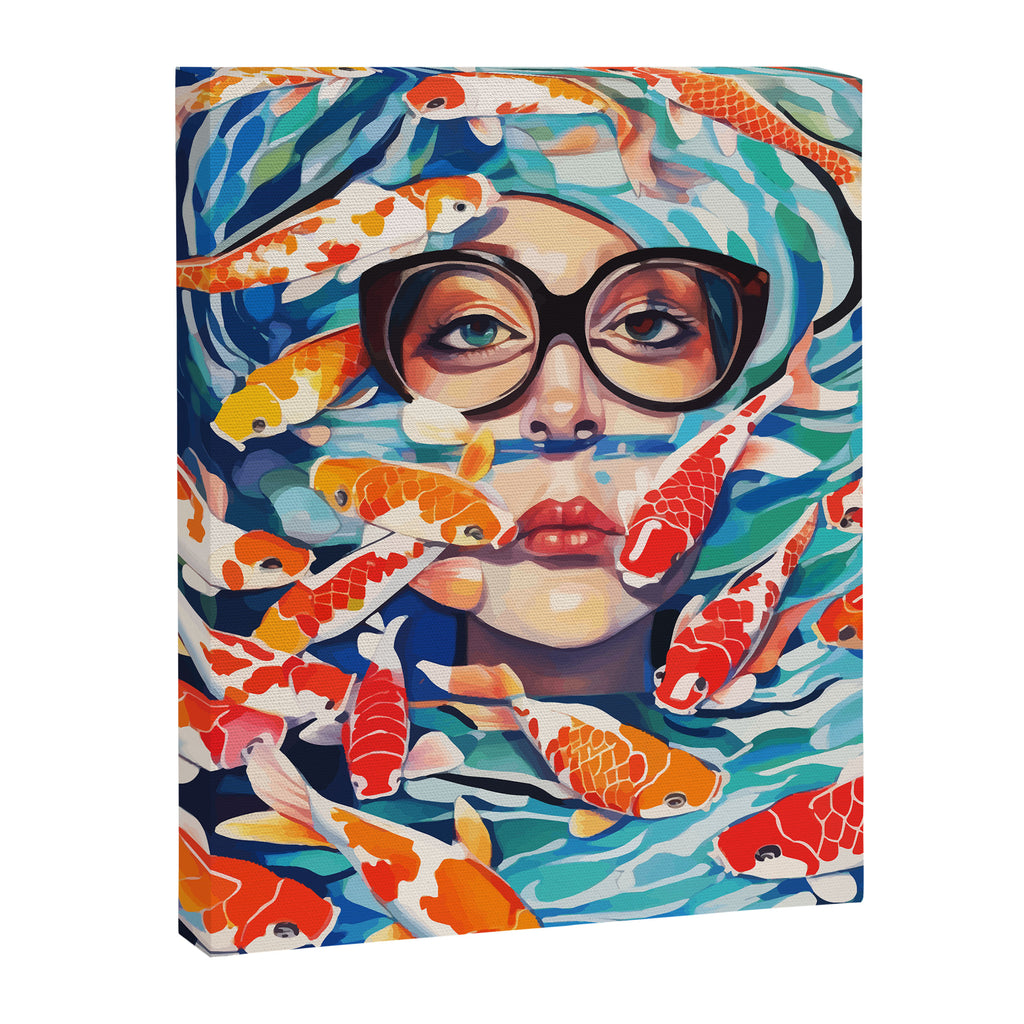 Point of View, Individuality Koi Fish Yoga Meditation, Woman Glasses Vision Concept, Fishpond Eclectic Vintage Painting Canvas Print Gallery Image 6