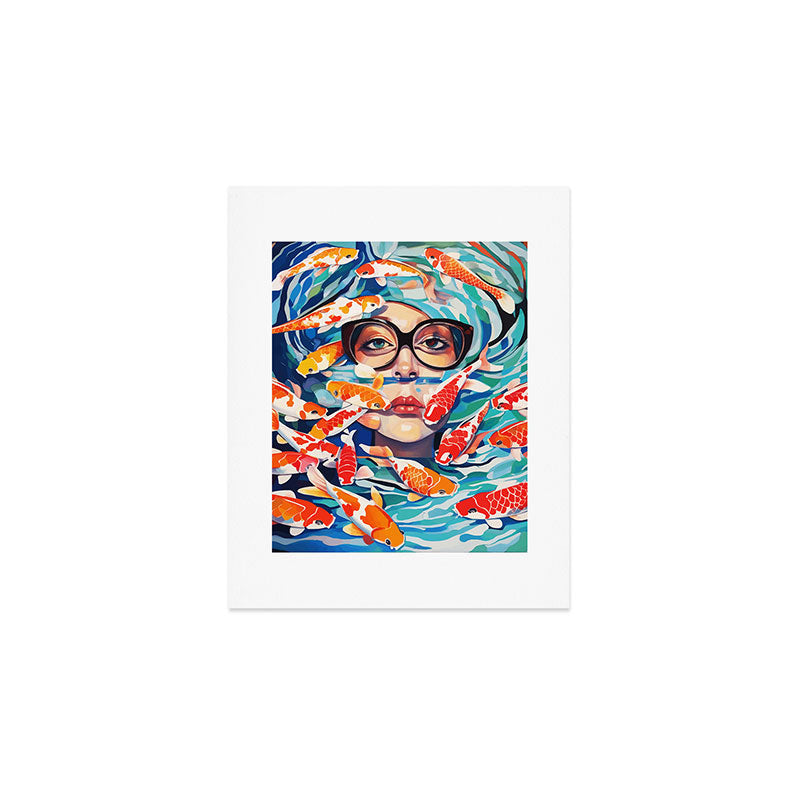 Point of View, Individuality Koi Fish Yoga Meditation, Woman Glasses Vision Concept, Fishpond Eclectic Vintage Painting Art Print Gallery Image 1