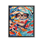 Point of View, Individuality Koi Fish Yoga Meditation, Woman Glasses Vision Concept, Fishpond Eclectic Vintage Painting Framed Canvas Print Gallery Image 6